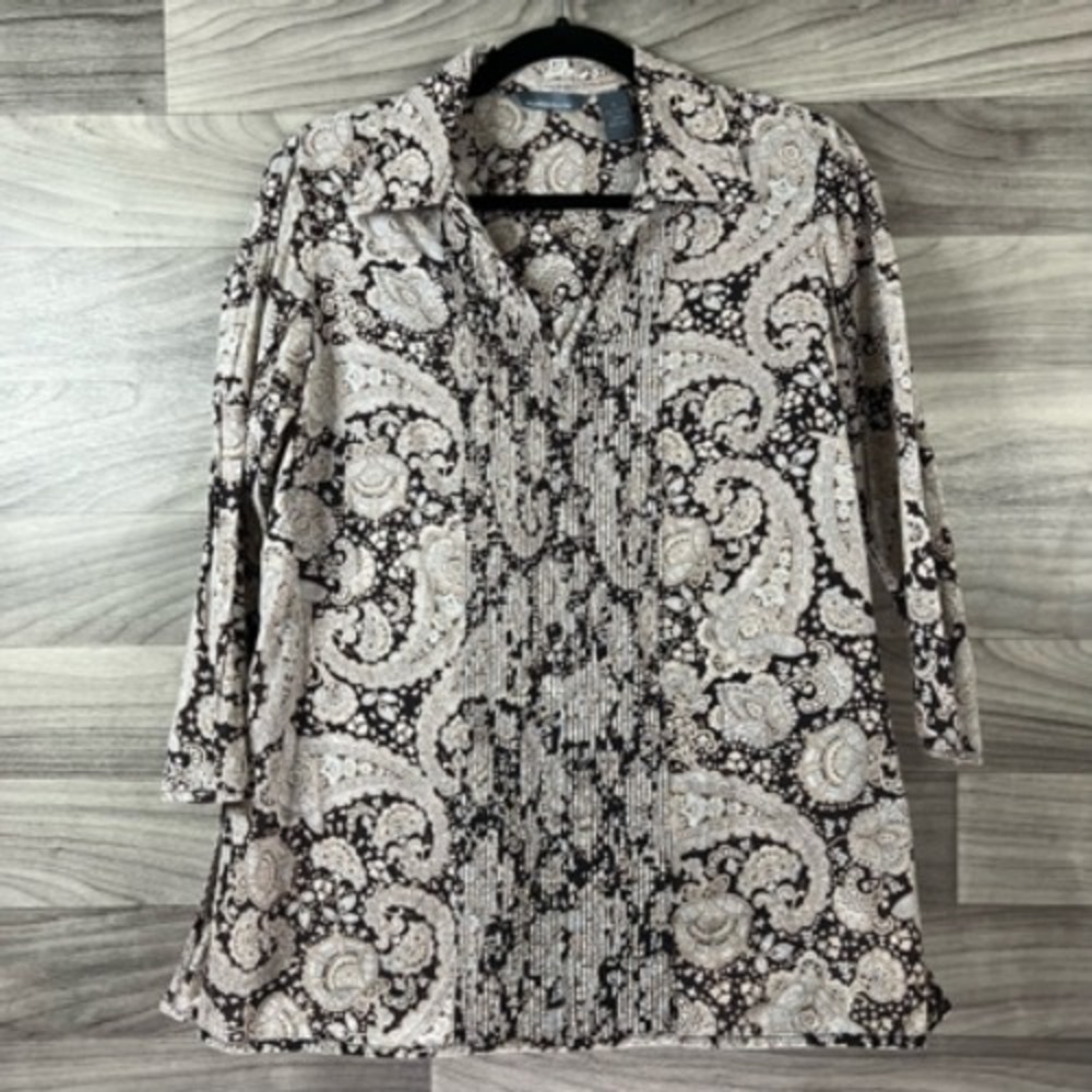 Hillard & Hanson Womens Blouse Brown Black Paisley 3/4 Sleeve Collar Pintuck‎ L